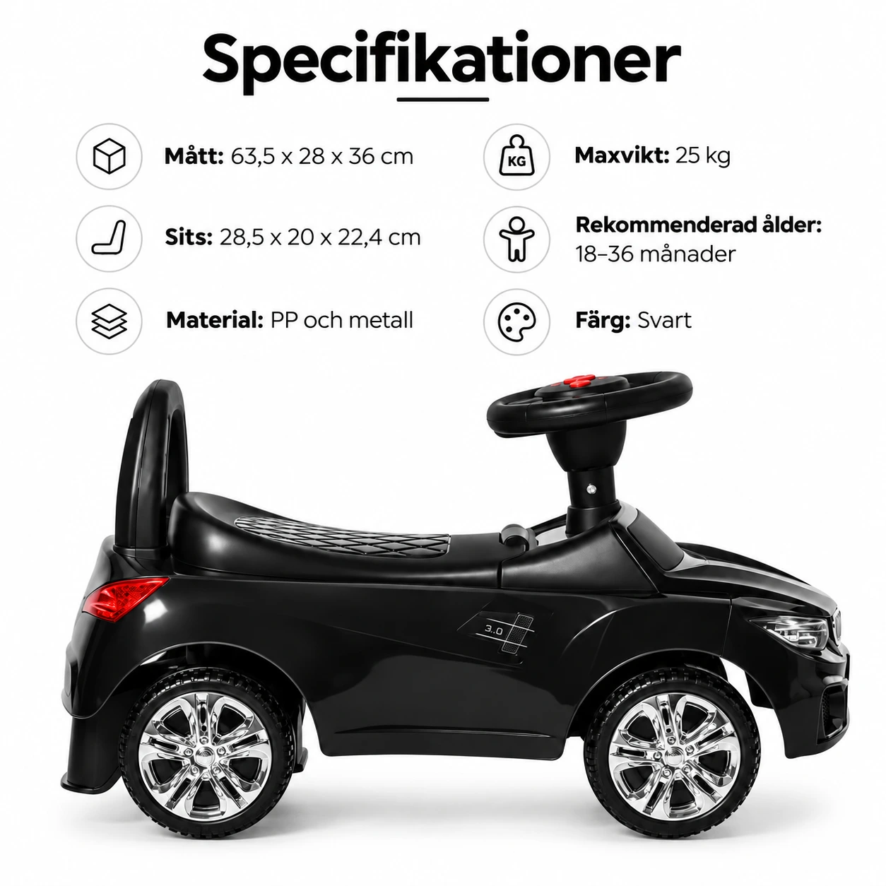 Musta potkuauto 18–36 kuukauden lapselle, säilytystila
