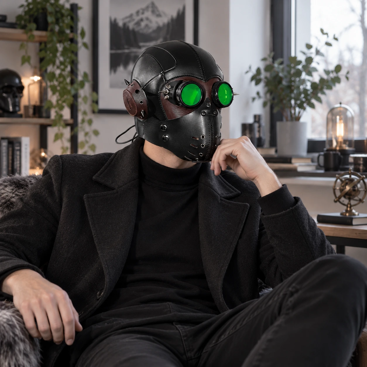 Svart och Brun Läder-Look Steampunk Helmask med Gröna Linser