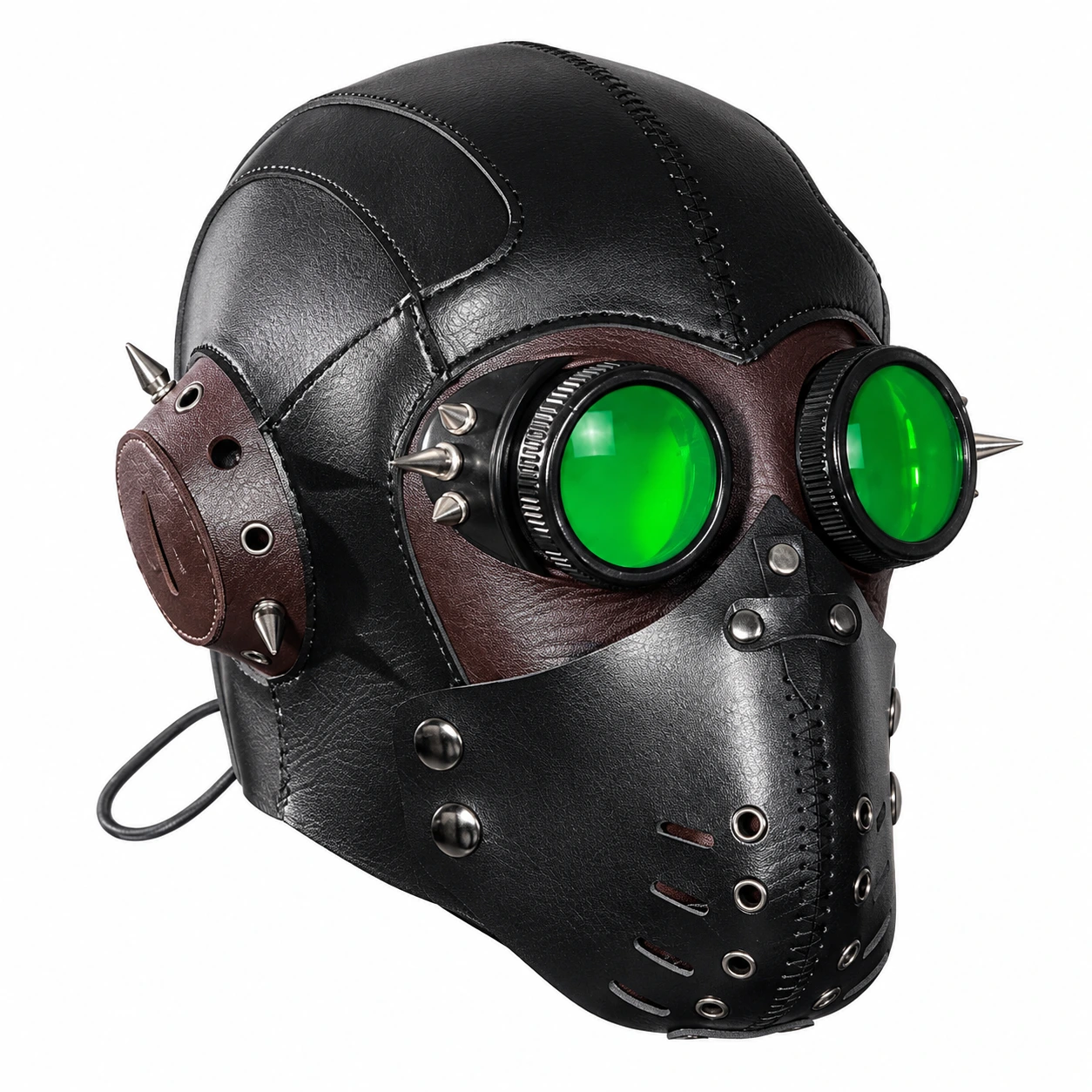 Svart och Brun Läder-Look Steampunk Helmask med Gröna Linser