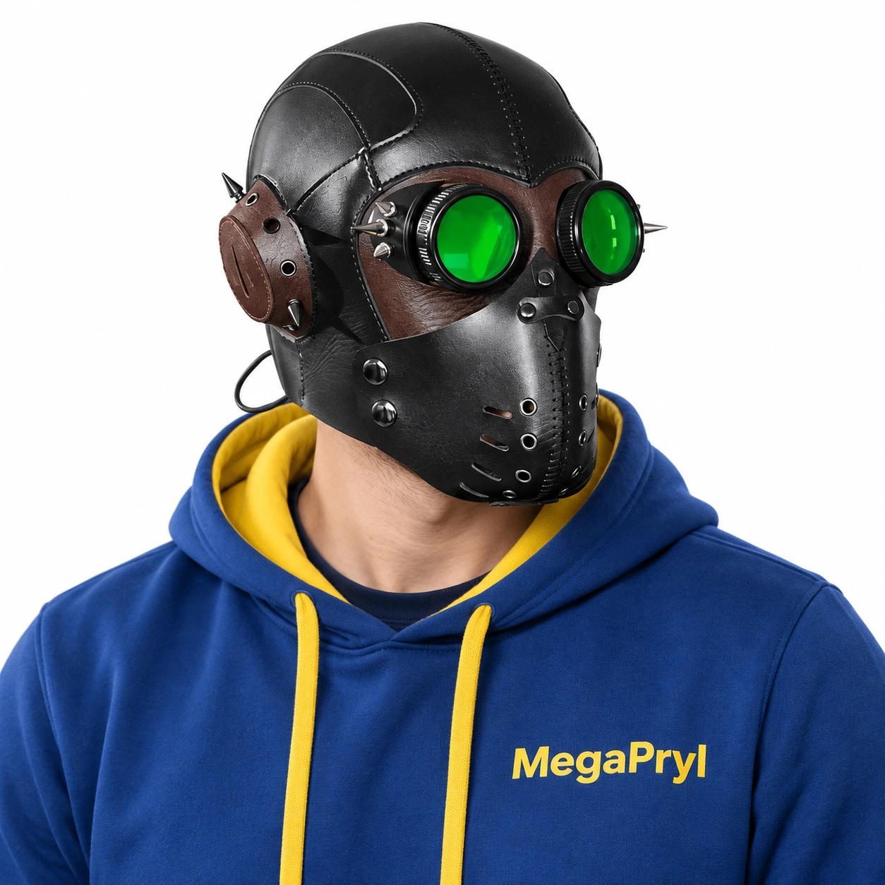 Svart och Brun Läder-Look Steampunk Helmask med Gröna Linser