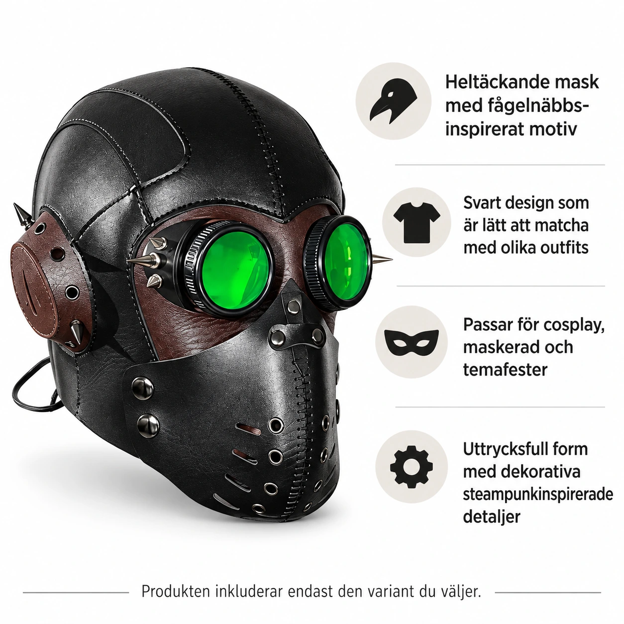 Svart och Brun Läder-Look Steampunk Helmask med Gröna Linser