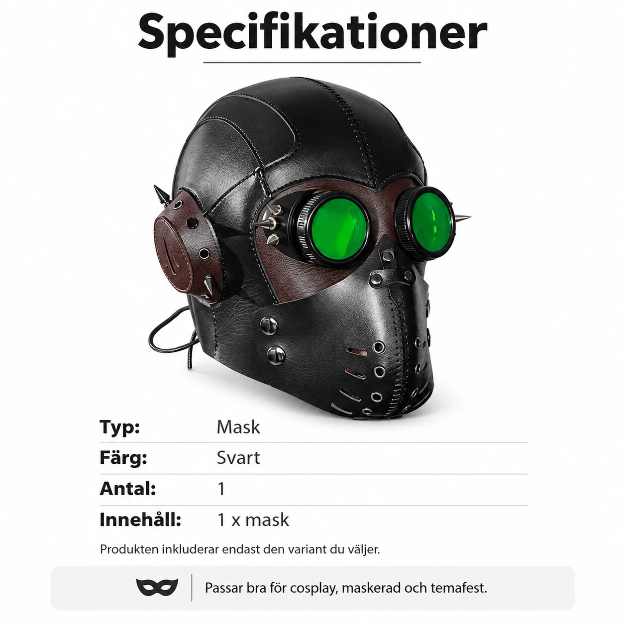 Svart och Brun Läder-Look Steampunk Helmask med Gröna Linser