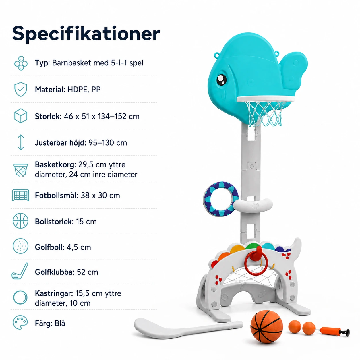 Justerbar barnbasket med 5-i-1 spel