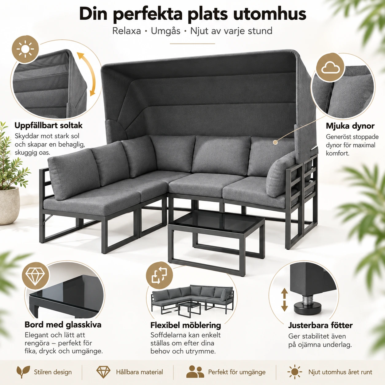 Loungegrupp för uteplats med soltak, bord och pallar