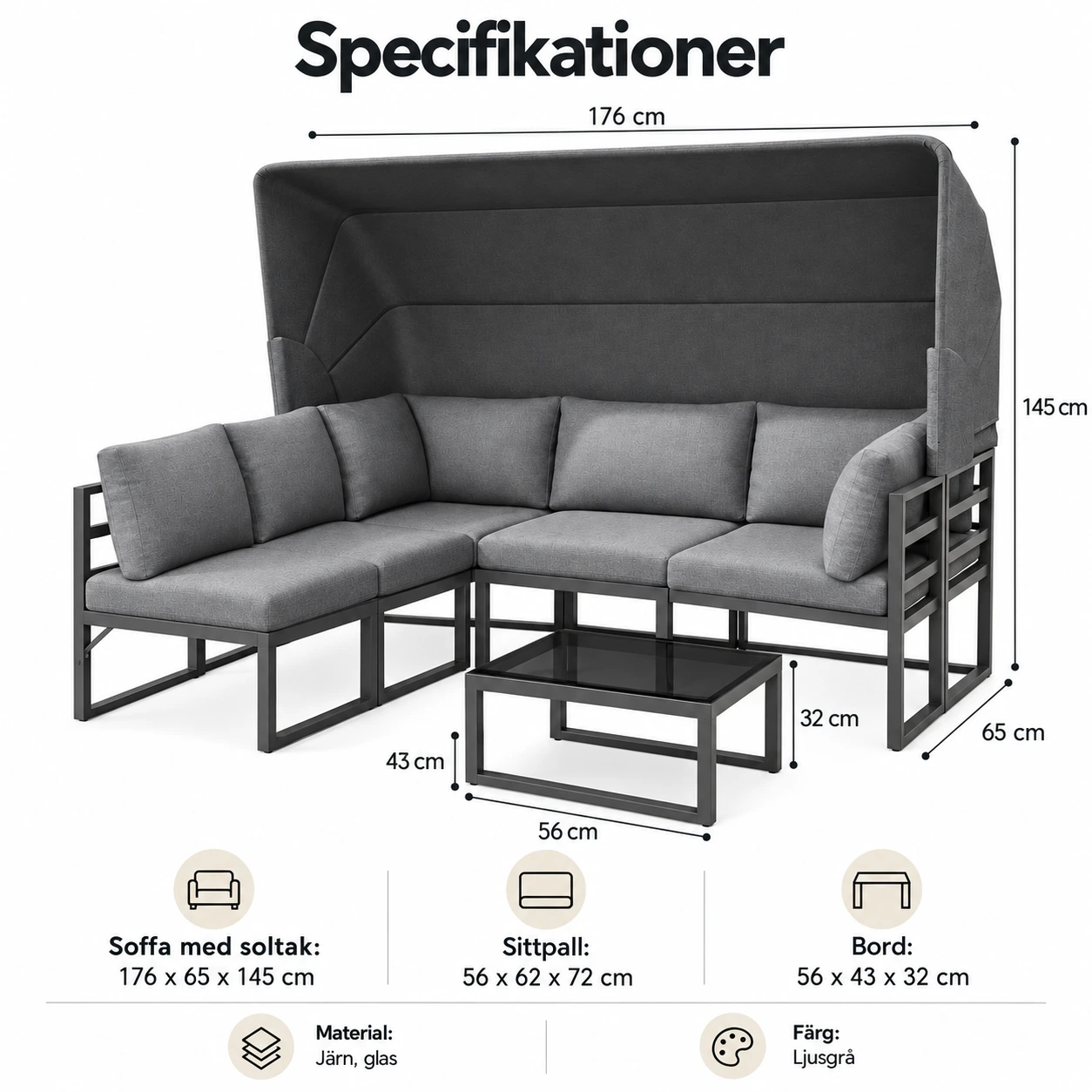 Loungegrupp för uteplats med soltak, bord och pallar