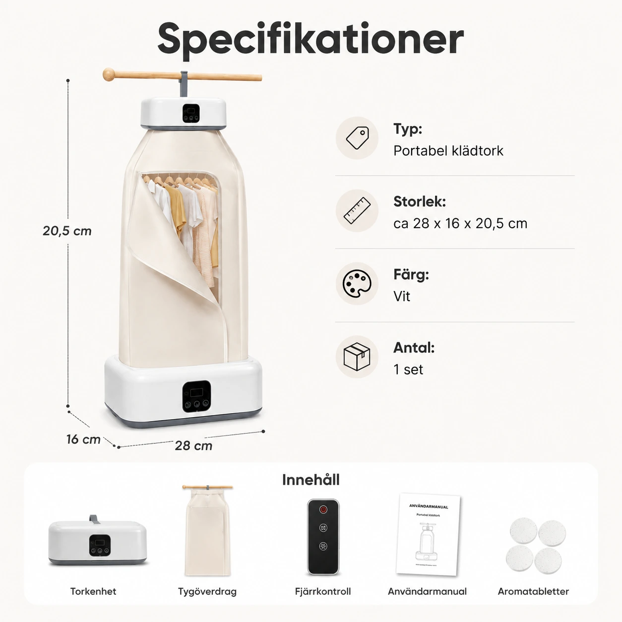 Portabel klädtork med UV och fjärrkontroll