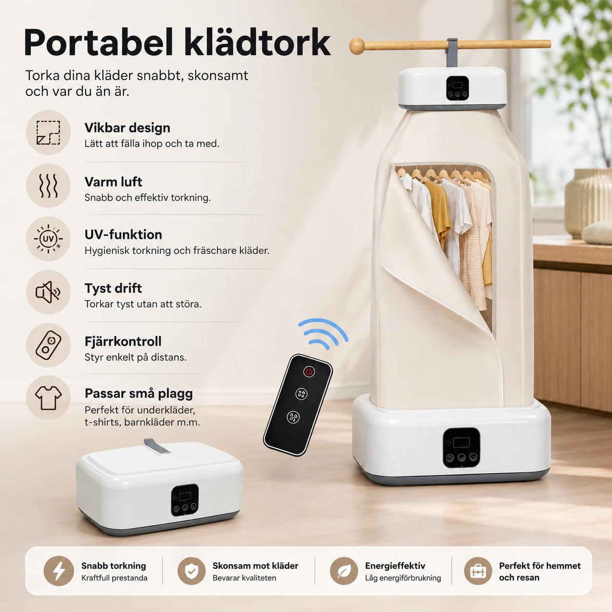 Portabel klädtork med UV och fjärrkontroll