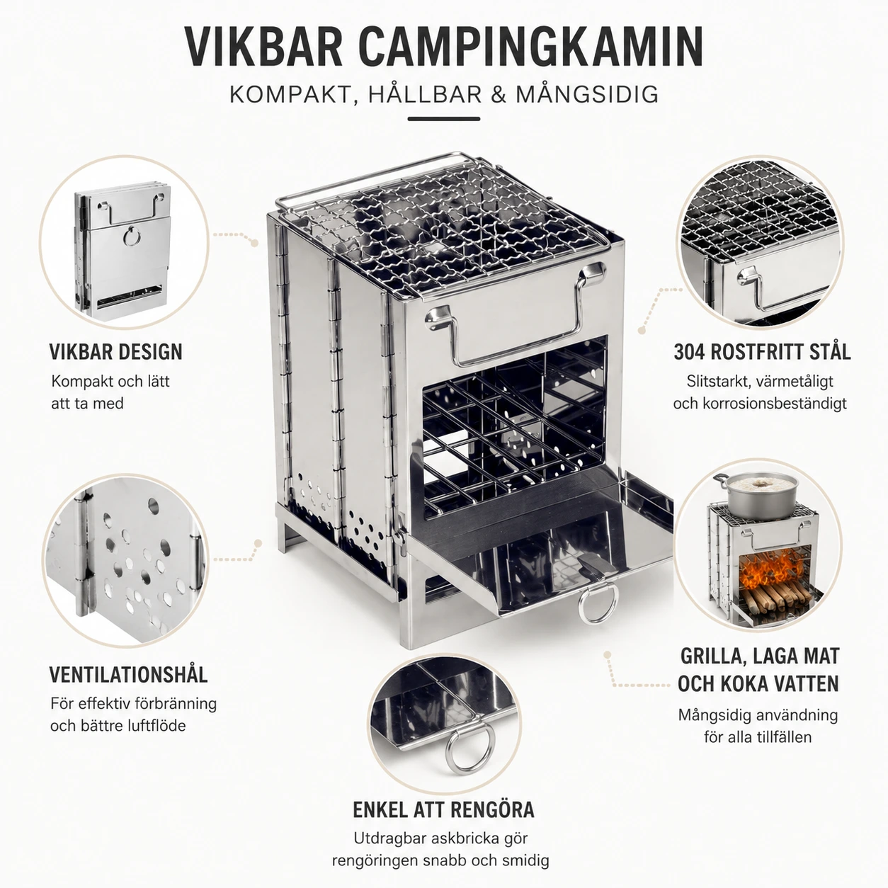 Portabel Grill i Rostfritt Stål Vikbar med Grillgaller