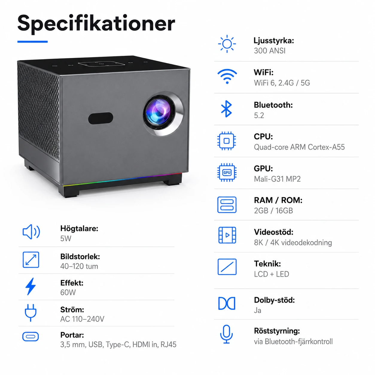 Mini Projektor 300 ANSI med WiFi 6, Bluetooth och Röststyrning