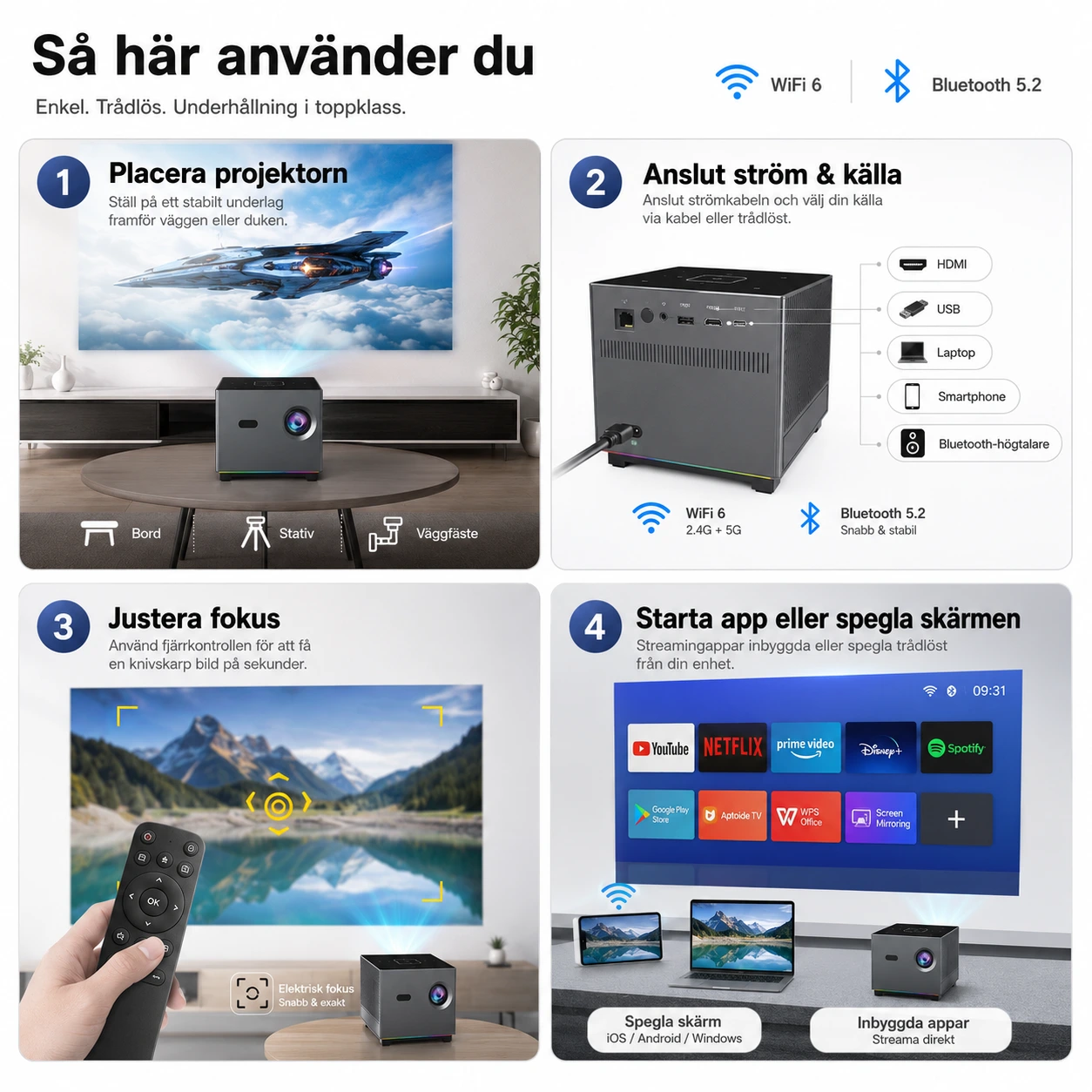 Mini Projektor 300 ANSI med WiFi 6, Bluetooth och Röststyrning