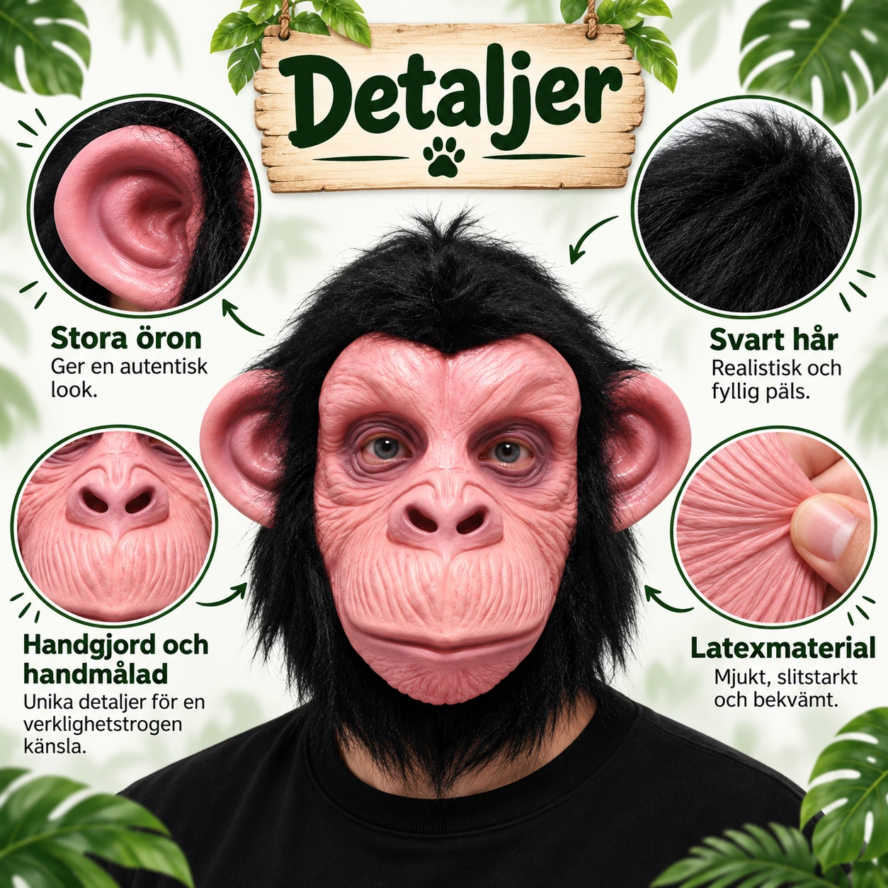 Mask apa i latex med svart hår