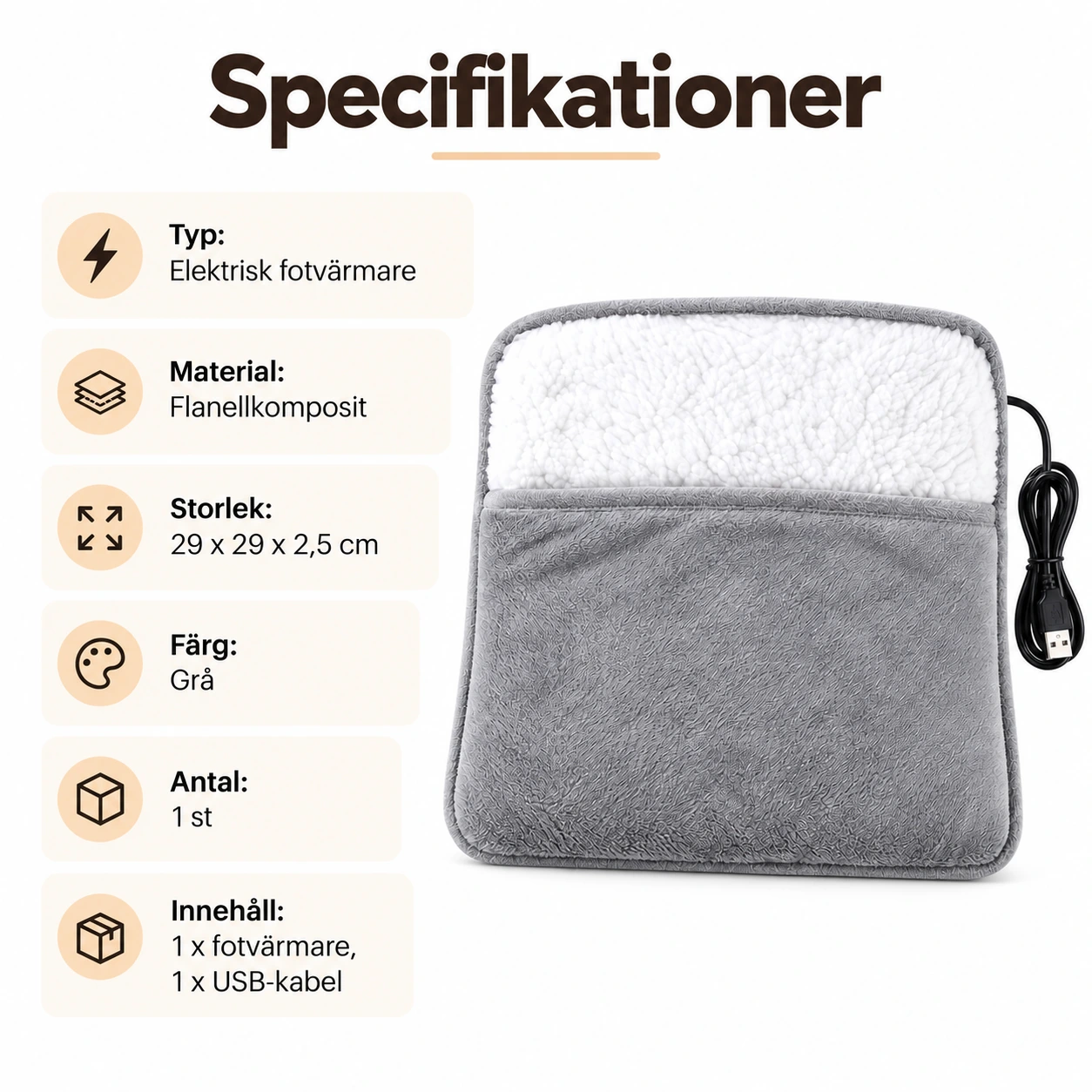 Sähköinen USB-jalkalämmitin harmaasta flanellikomposiitista