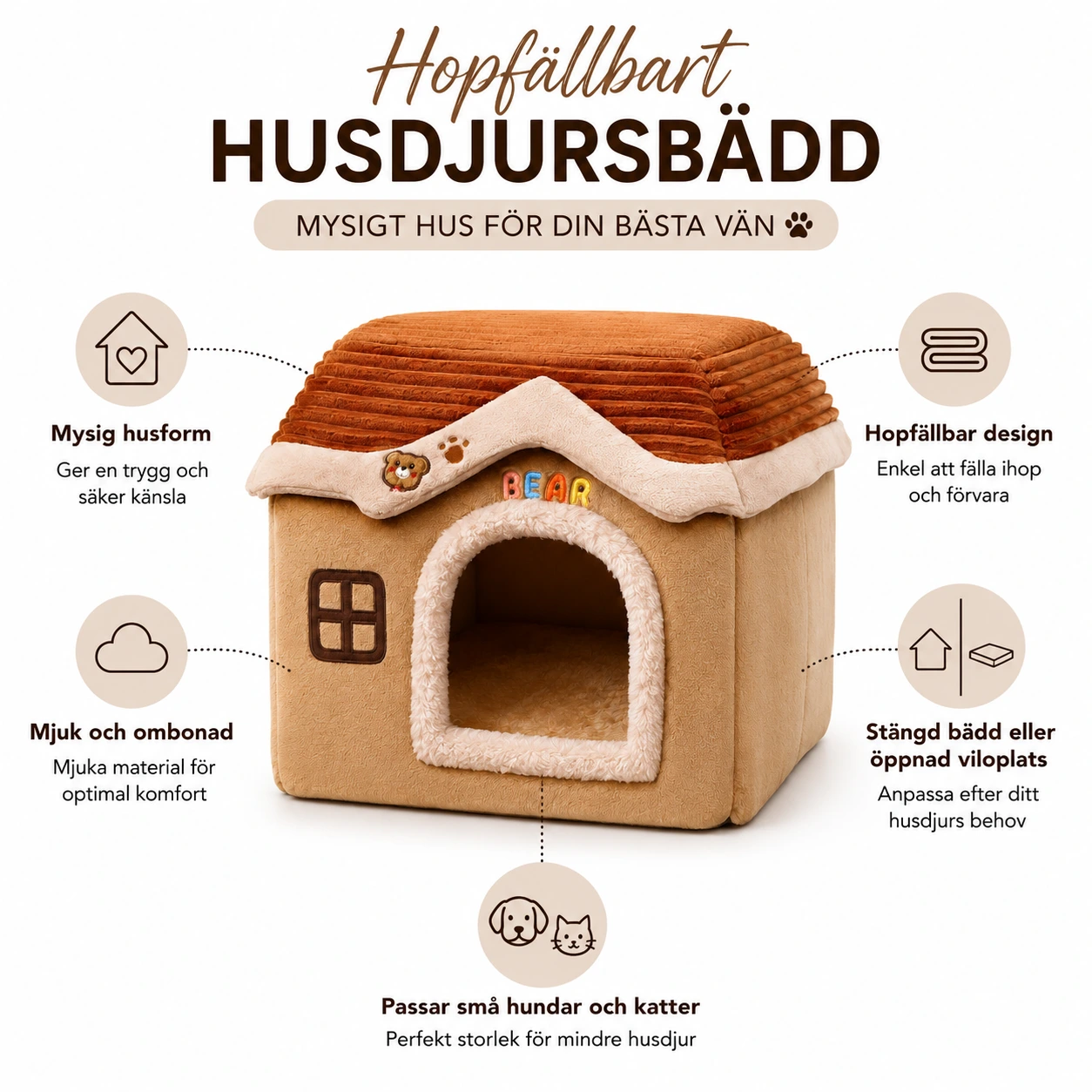 Hopfällbar husdjursbädd i husform för små hundar och katter