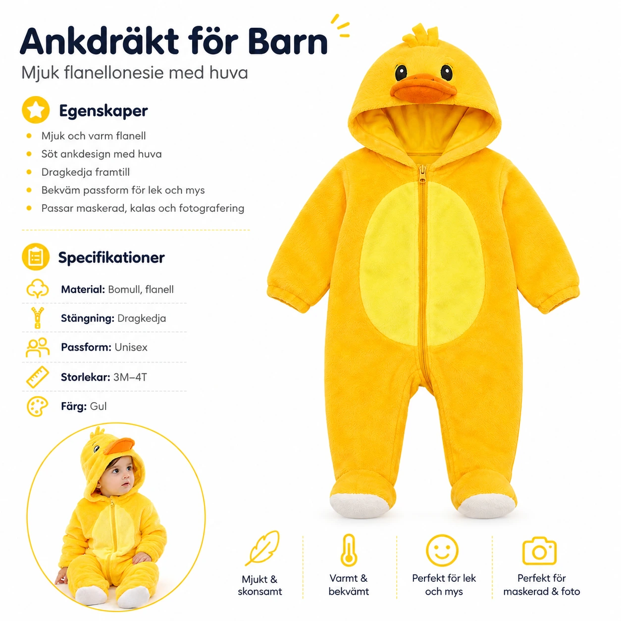 Ankdräkt Barn – Gul Flanelloverall med Huva