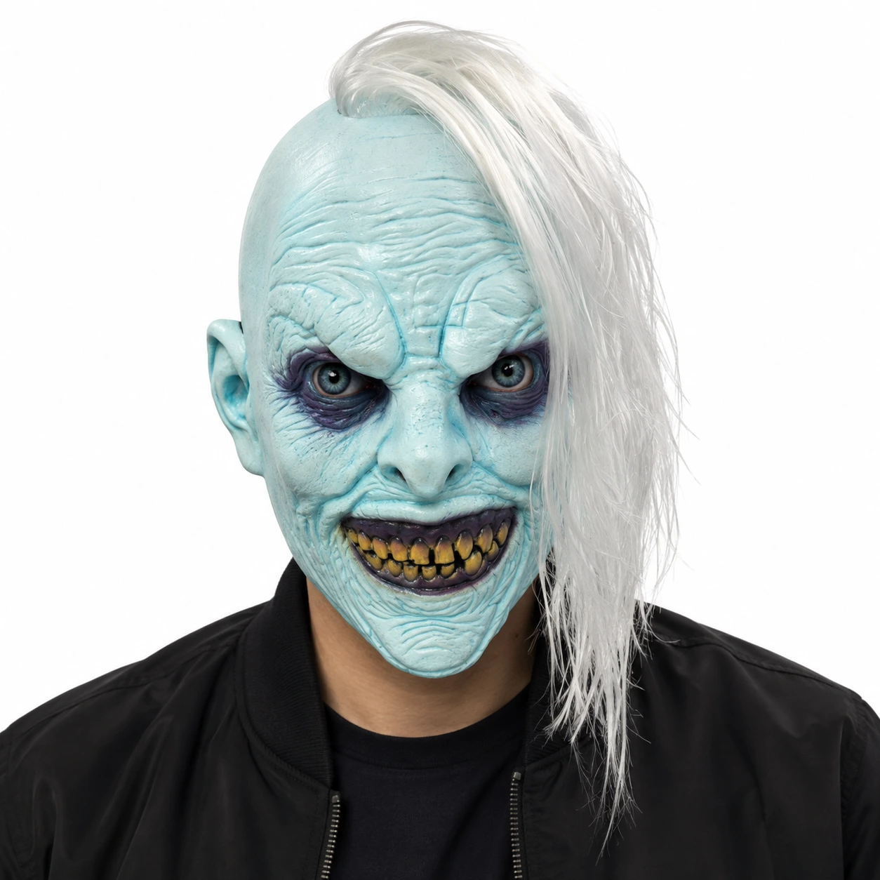 Zombiemask vuxen i latex med vitt hår