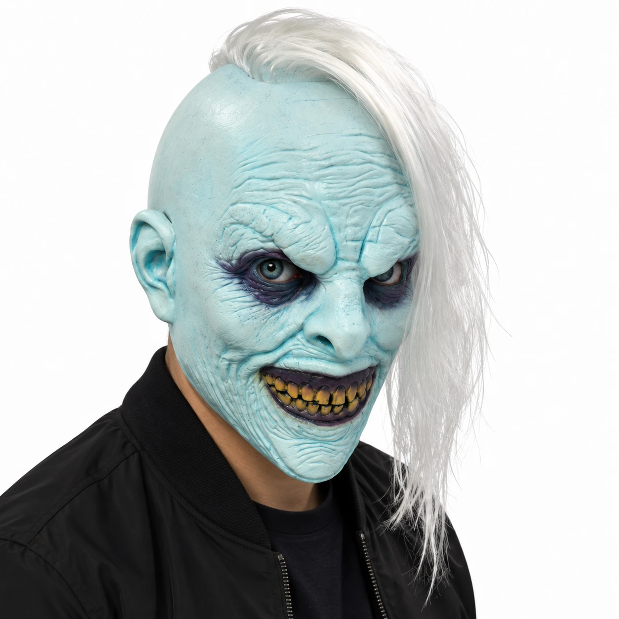 Zombiemask vuxen i latex med vitt hår