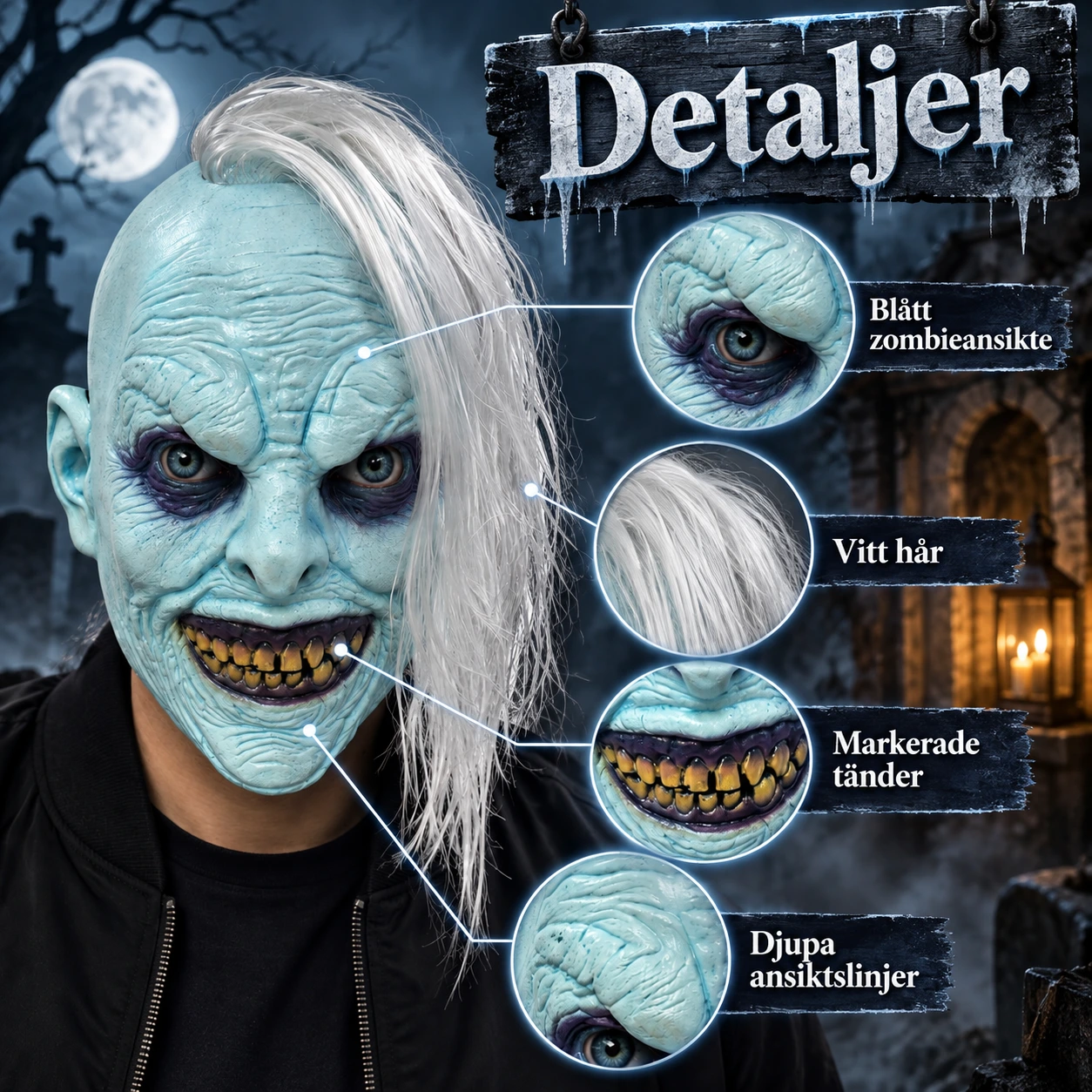 Zombiemask vuxen i latex med vitt hår