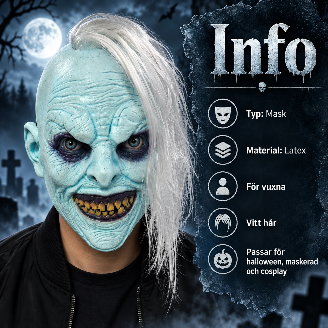 Zombiemask vuxen i latex med vitt hår