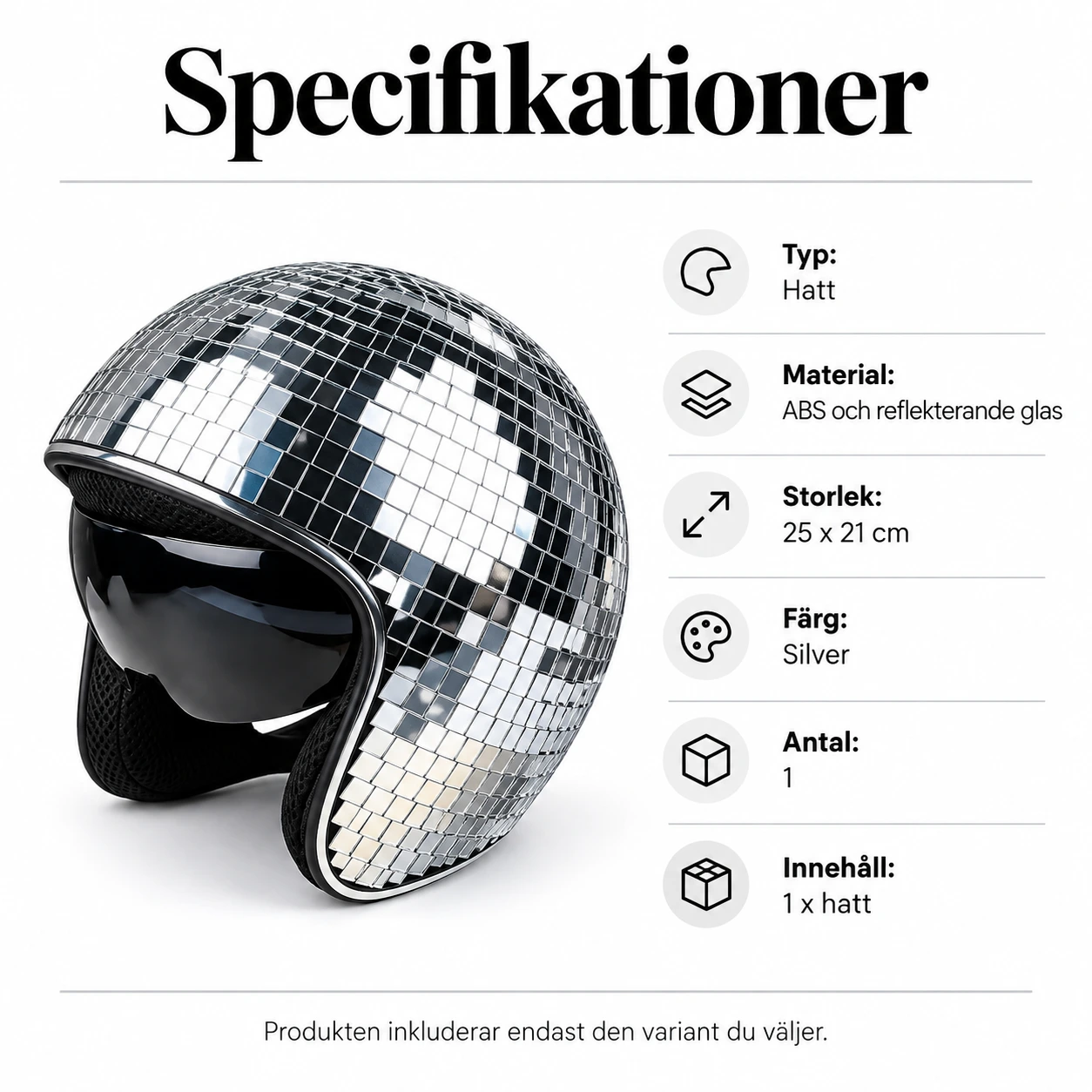 Silver Spegel Diskokula Hjälm med Visir