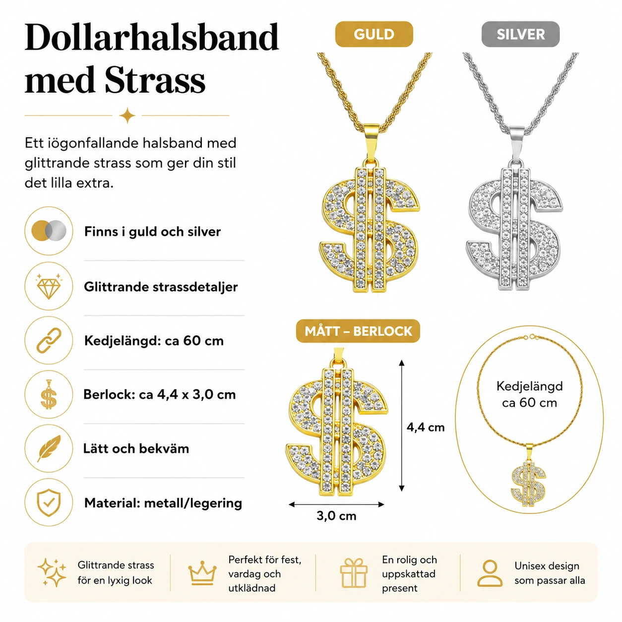 Dollarhalsband med Strass – Guld & Silver