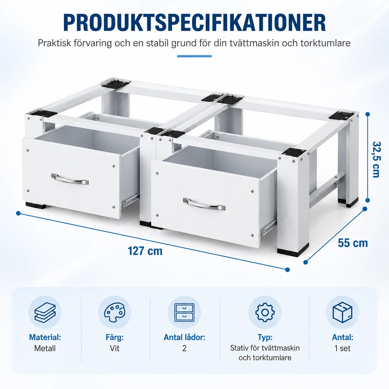 Tvättmaskinsstativ med 2 lådor för tvättmaskin och torktumlare
