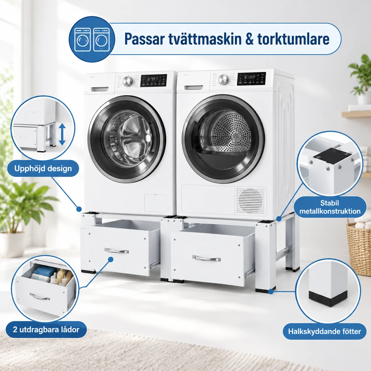 Tvättmaskinsstativ med 2 lådor för tvättmaskin och torktumlare