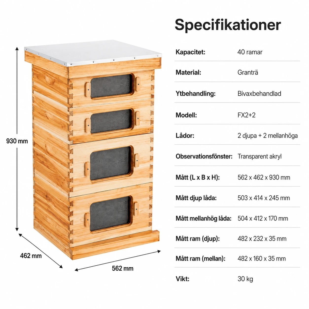 Bikupa 40 Ramar i Granträ med Observationsfönster