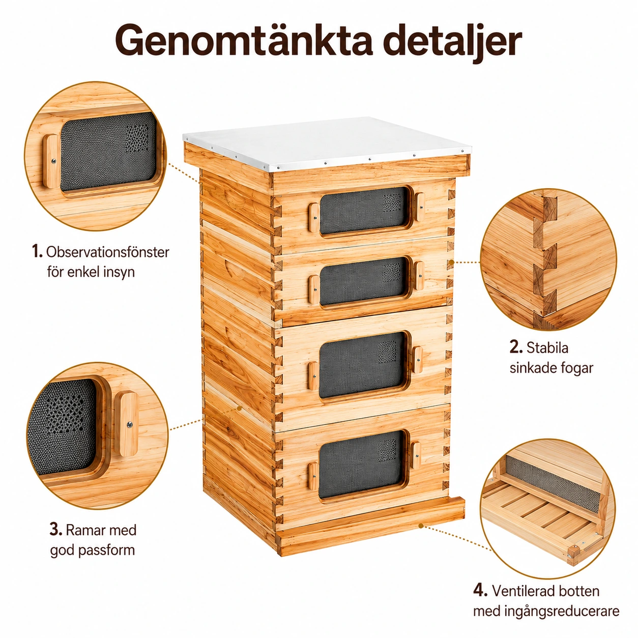 Bikupa 40 Ramar i Granträ med Observationsfönster
