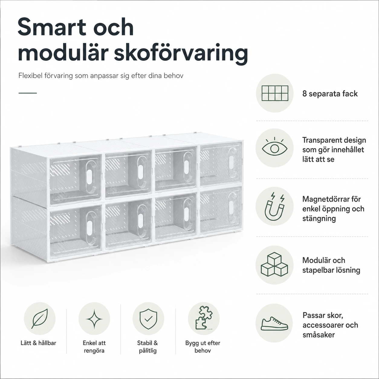 Modulär skoförvaring med 8 fack och magnetdörrar