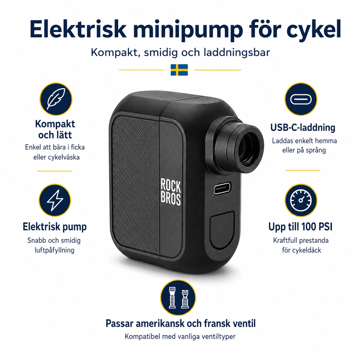 Elektrisk minipump för cykel med USB-C och 100 PSI