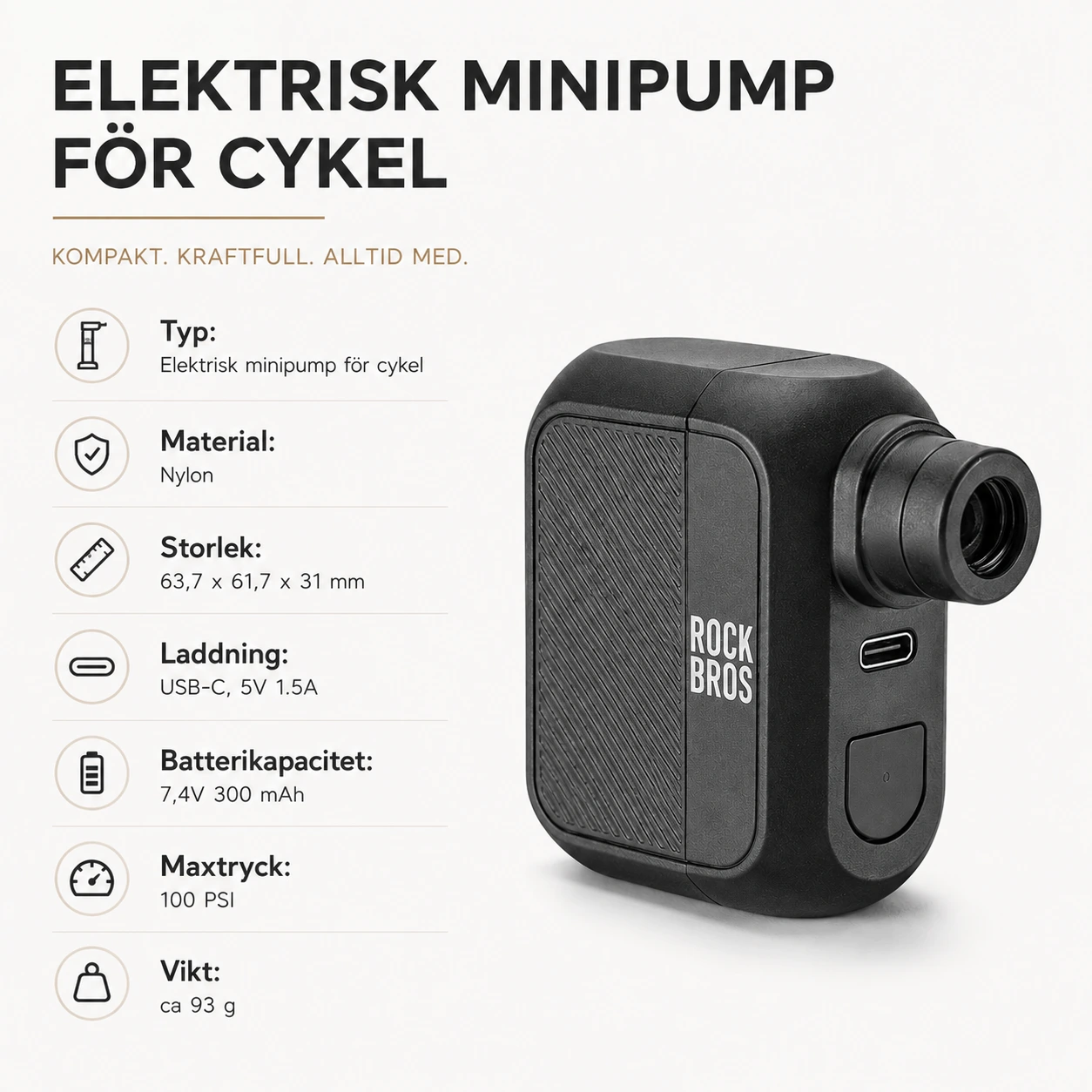 Elektrisk minipump för cykel med USB-C och 100 PSI