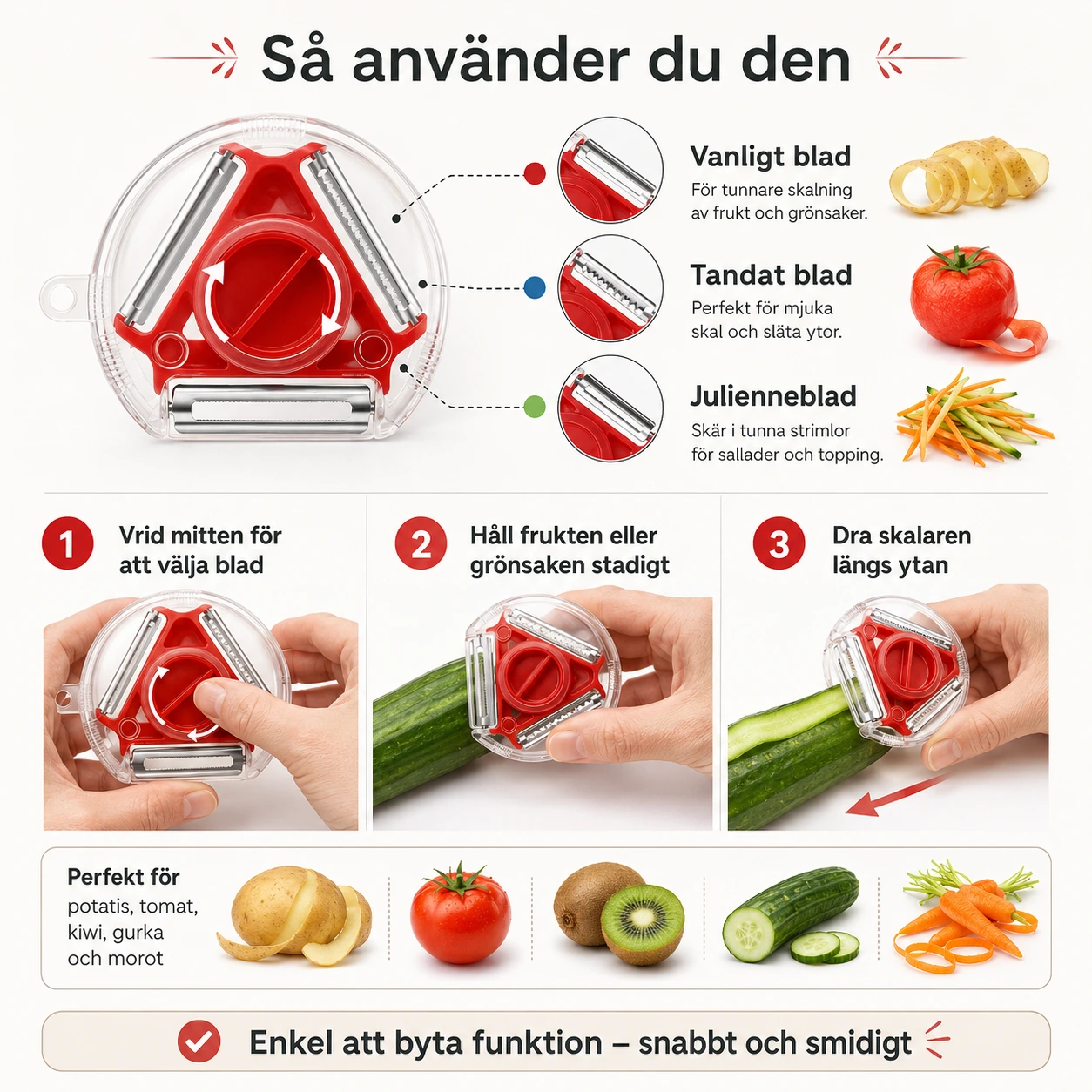 Grönsaksskalare 3-i-1 – Roterande Skalare med 3 Blad