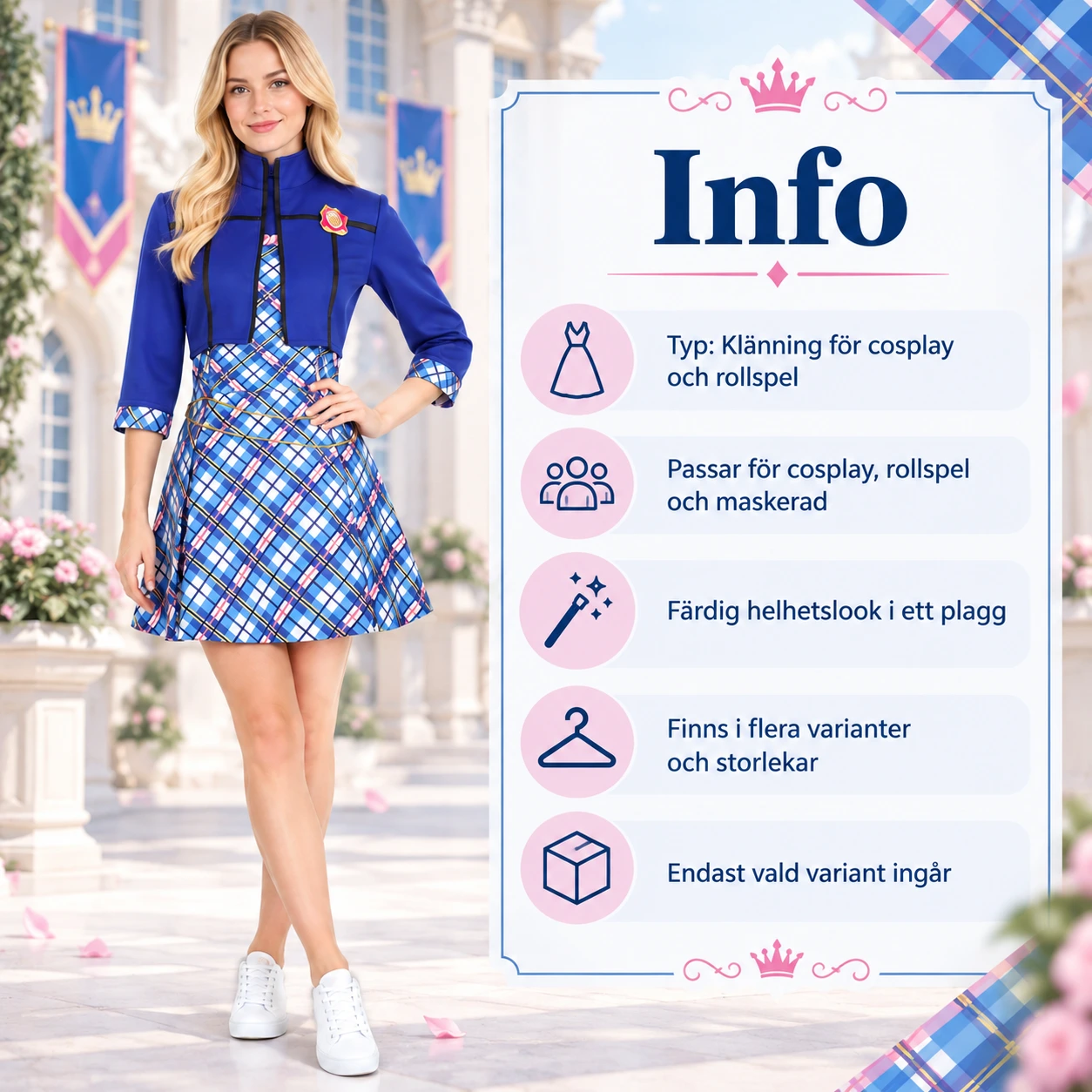 Ruudullinen cosplaymekko koulupuku- ja prinsessatyylissä