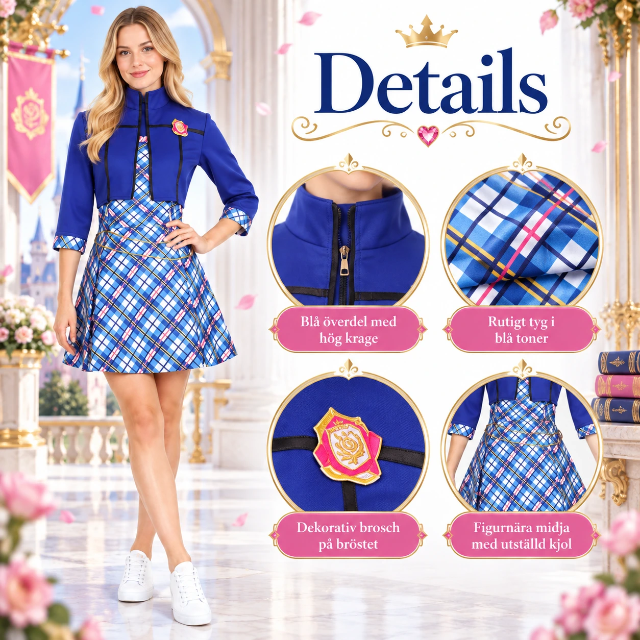 Ruudullinen cosplaymekko koulupuku- ja prinsessatyylissä