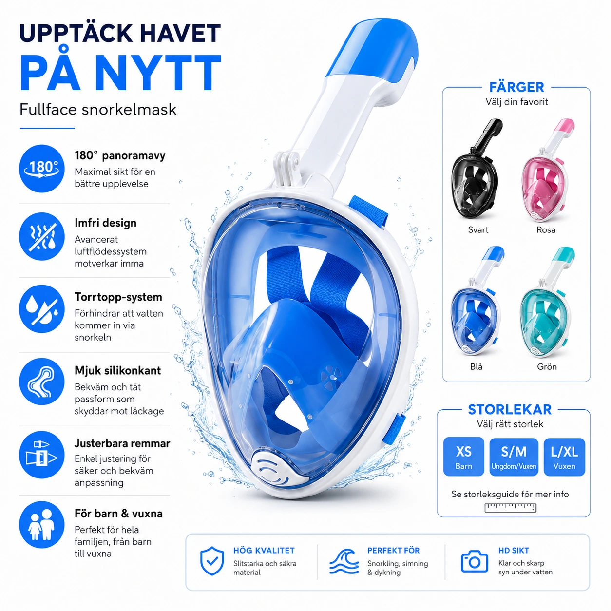 Snorkelmask Helmask – 180° Panoramavy för Barn & Vuxna