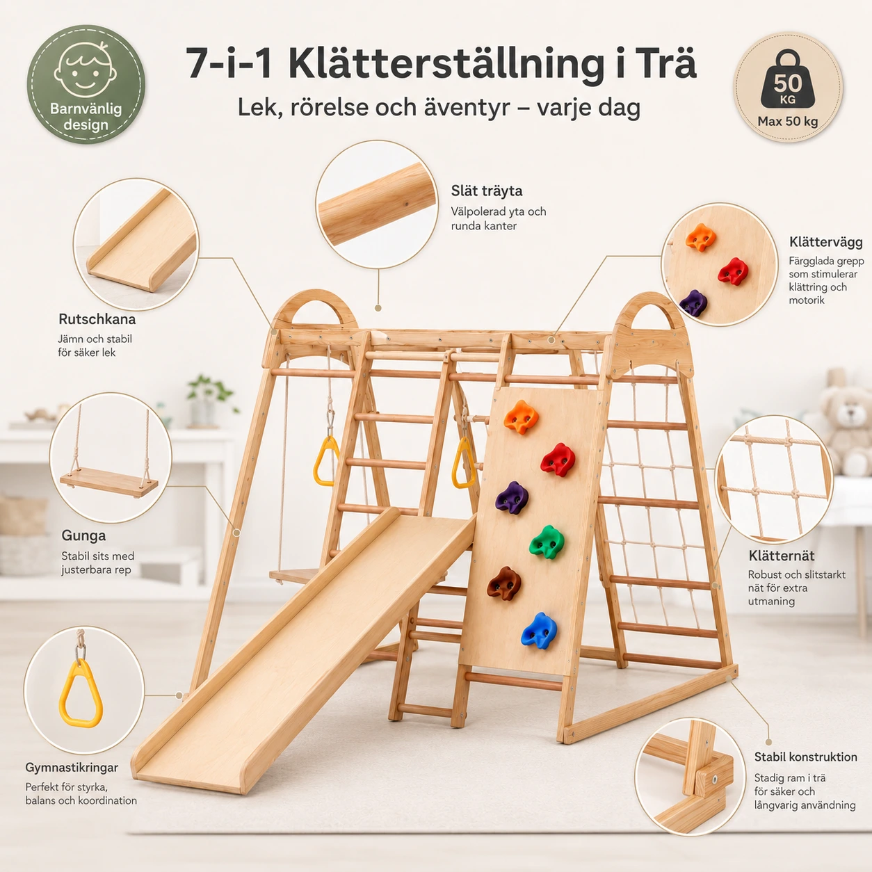 Klätterställning för Barn 7-i-1 i Trä med Rutschkana och Gunga