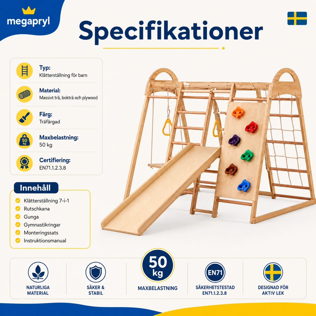 Klätterställning för Barn 7-i-1 i Trä med Rutschkana och Gunga