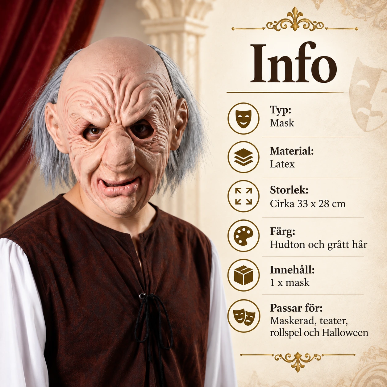 Maske gammel mann i lateks med grått hår