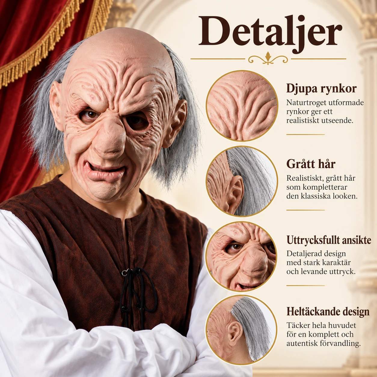 Maske gammel mann i lateks med grått hår