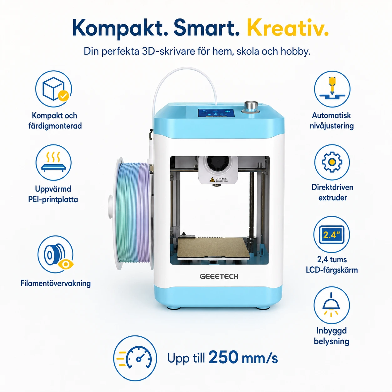 Kompakt 3D-skrivare med automatisk nivåjustering