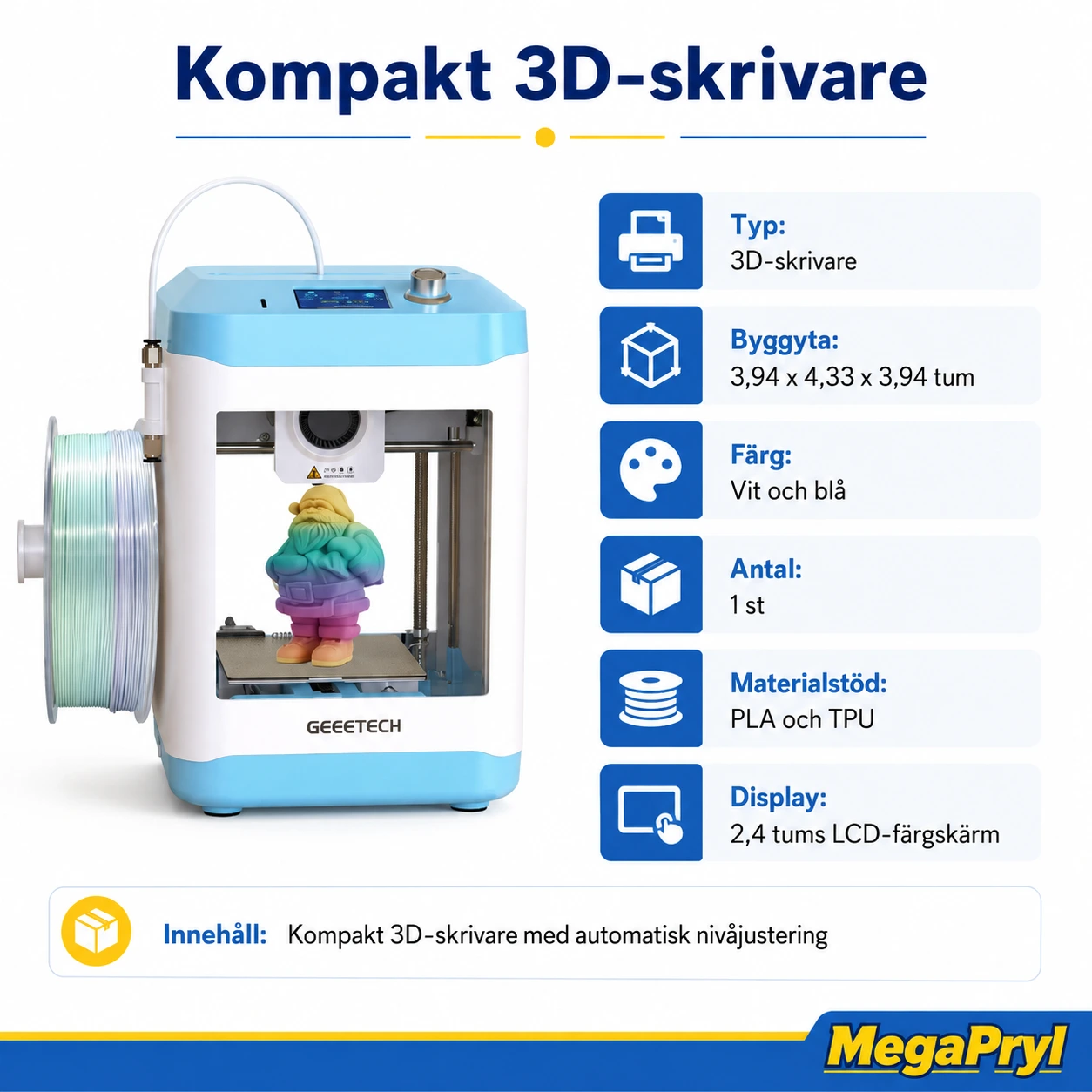 Kompakt 3D-skrivare med automatisk nivåjustering