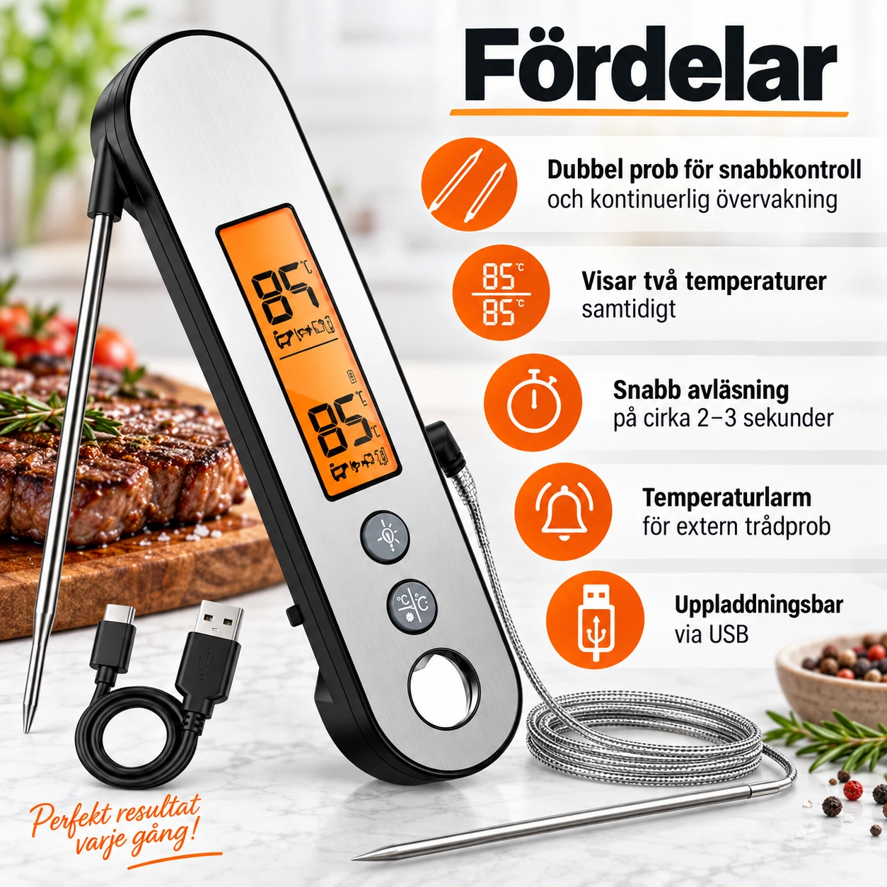 Digital stektermometer med dubbel prob och uppladdningsbar