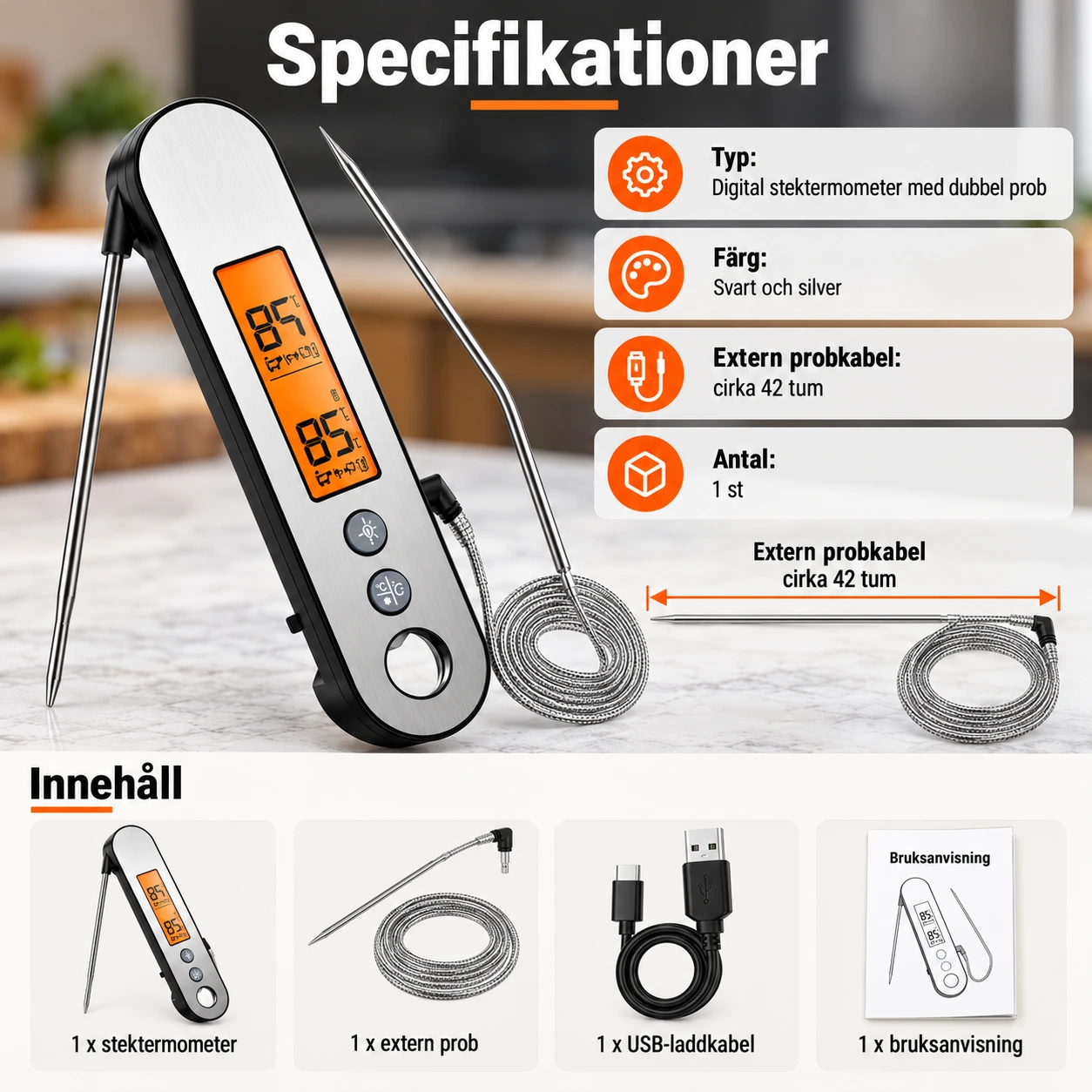 Digital stektermometer med dubbel prob och uppladdningsbar