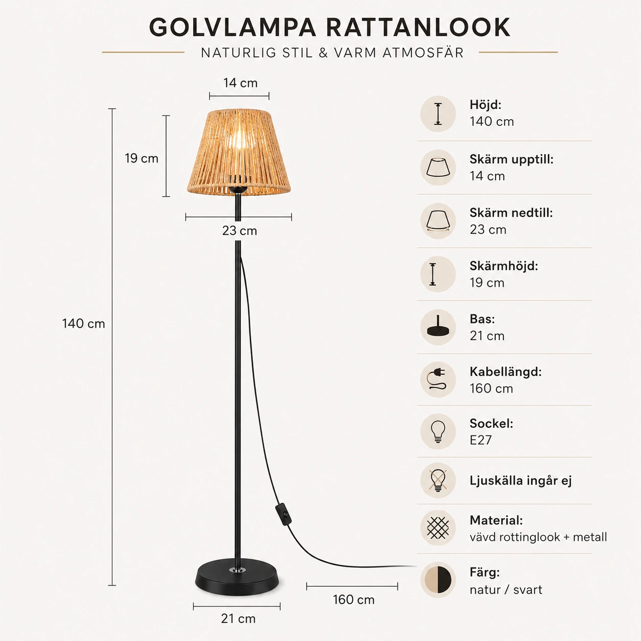 Rotting Golvlampa 140 cm E27 i Naturfärgad Design