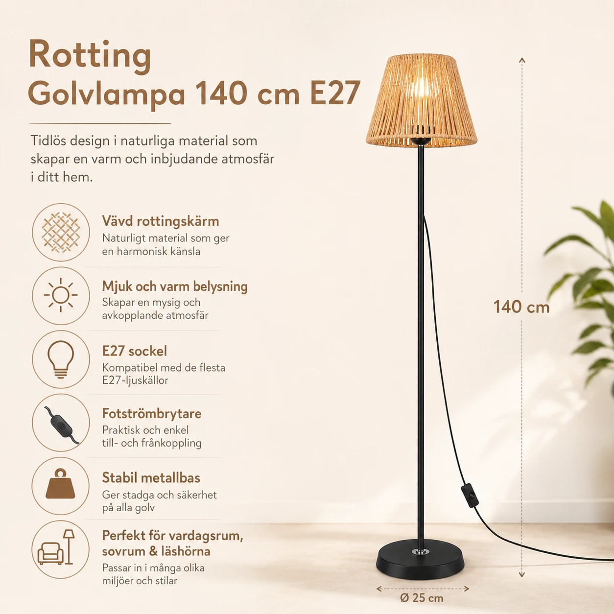 Rotting Golvlampa 140 cm E27 i Naturfärgad Design