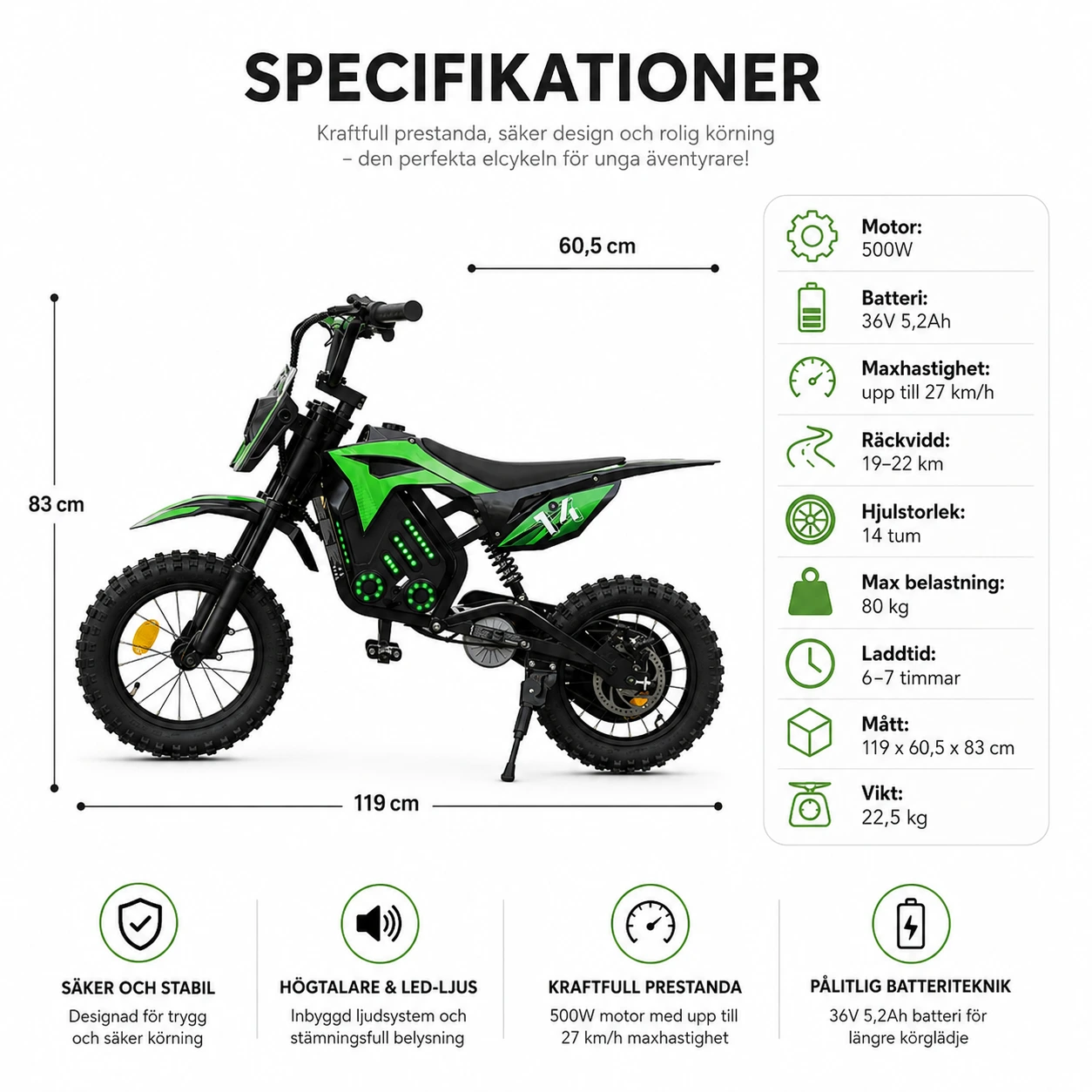 Elmotorcykel för Barn 500W – 14-tums Hjul