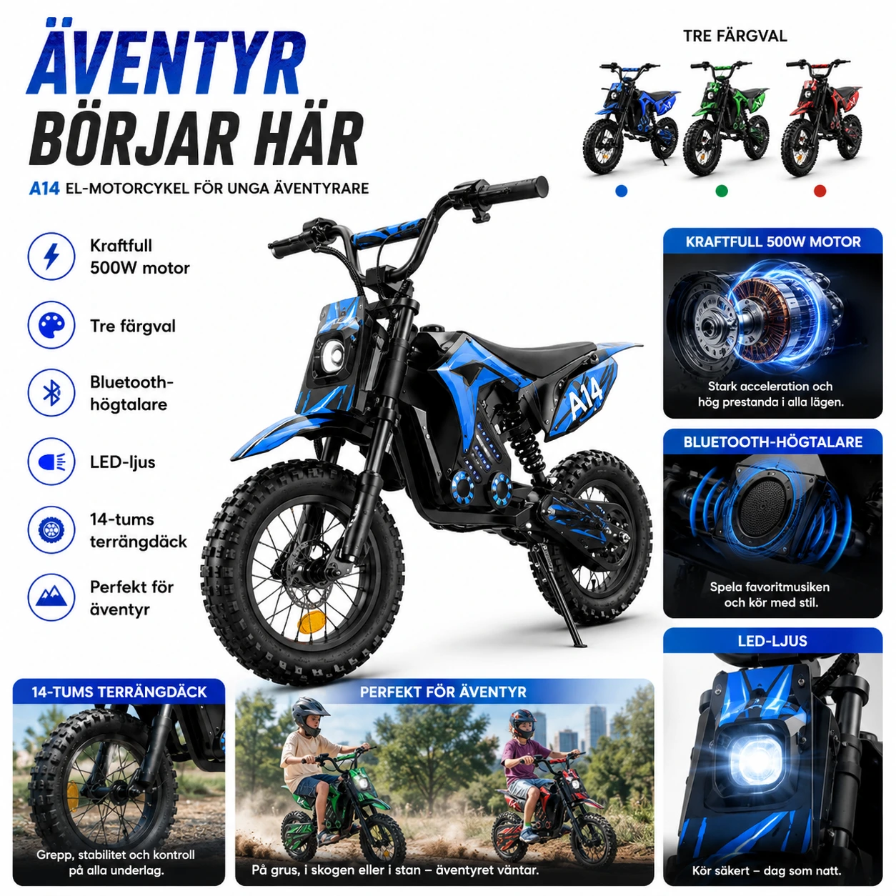 Elmotorcykel för Barn 500W – 14-tums Hjul
