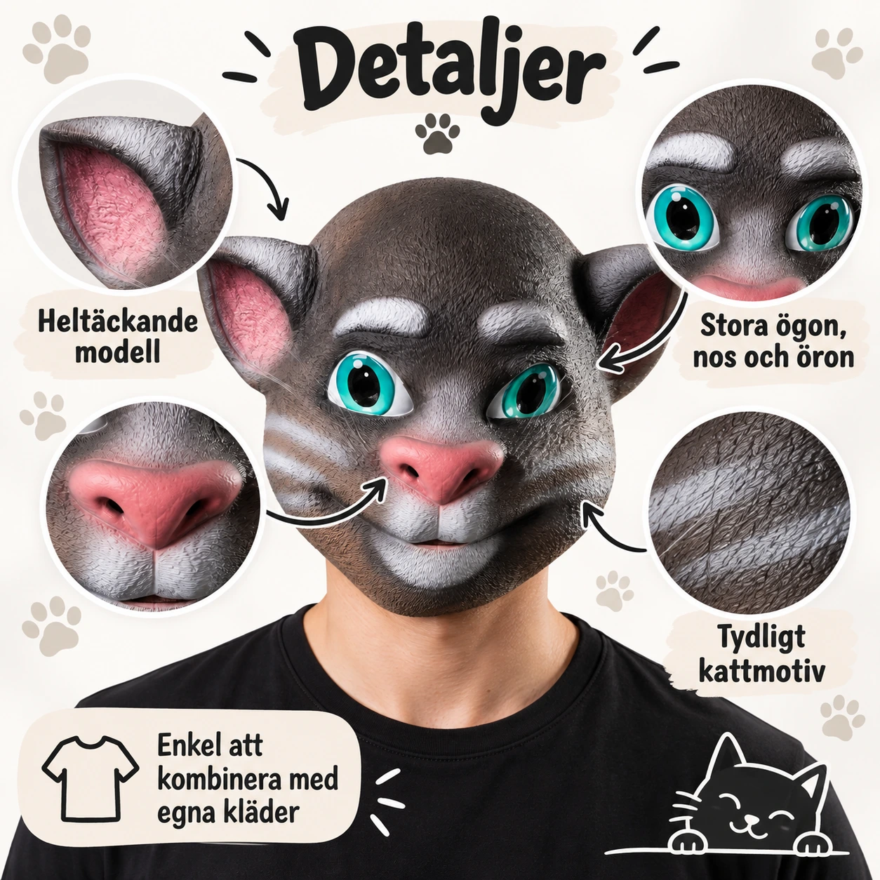 Heldekkende ansiktsmaske med kattemotiv