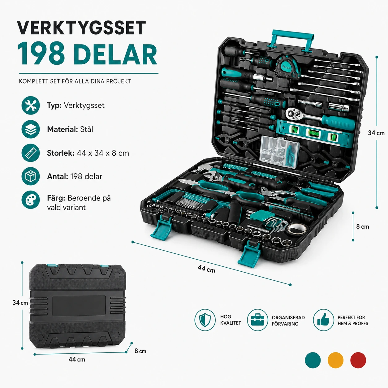 Verktygslåda 198 delar för hem, garage och bil