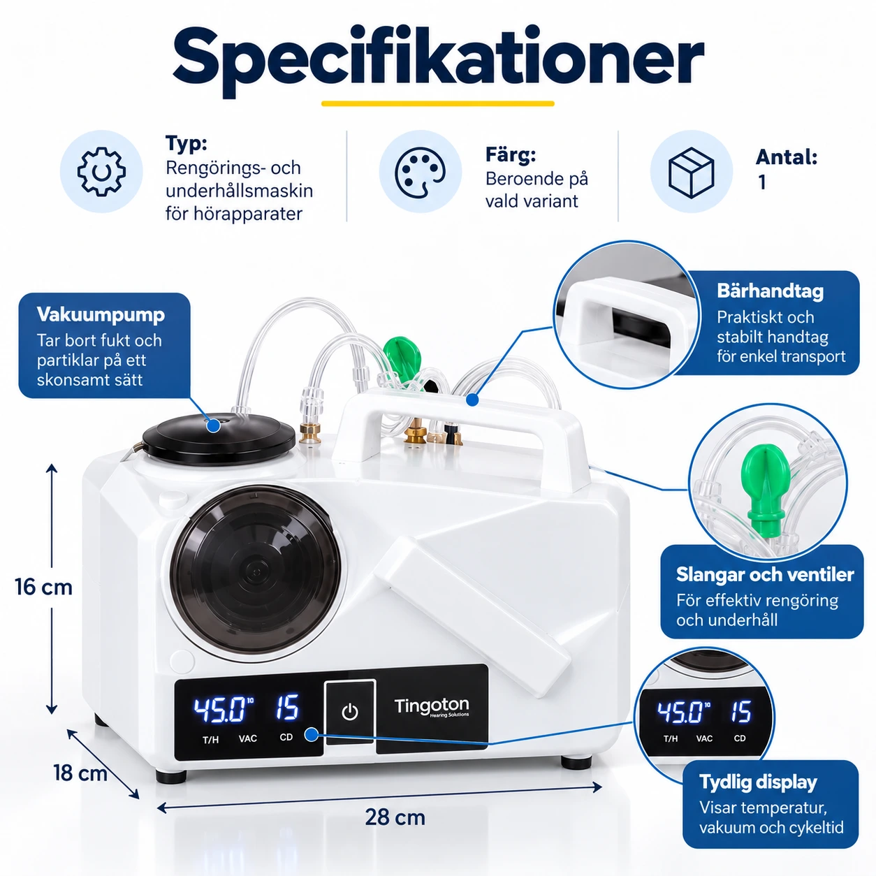 Rengöringsmaskin för hörapparater med vakuumpump